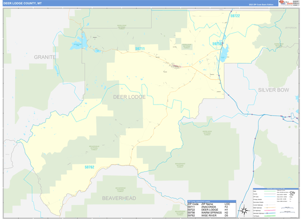Deer Lodge County, MT Zip Code Wall Map